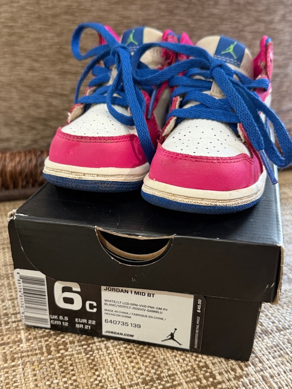 Jordan Kids Mid Sneaker in White, Pink & Blue